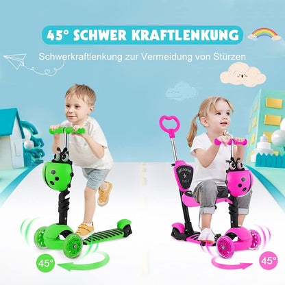 YOLEO 5-in-1 Kinderscooter mit Sitz, Schubstange und Korb rosa