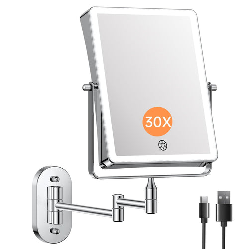 Famihomii LED Kosmetikspiegel zur Wandmontage, 1X/30X, Chrom, rechteckig mit LED-Beleuchtung und Schwenkarm