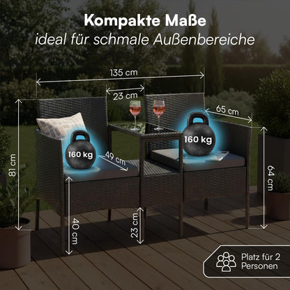 STEELSØN Velara Gartenbank mit Tisch, 2-Sitzer, Polyrattan, schwarz