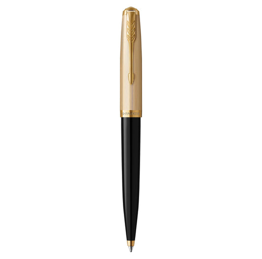 Parker 51 Kugelschreiber – schwarzer Schaft mit Goldzierteilen. Schwarzer Stift, goldener Clip. Zum Schreiben von Notizen und Unterschriften.