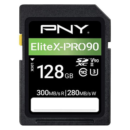 PNY EliteX-PRO SD Speicherkarte - 128GB UHS-II V90, rechteckig, schwarz-rot, für 4K/8K Videoaufnahmen.