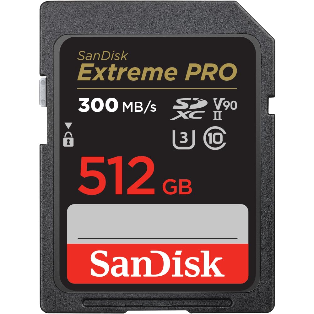 SanDisk Extreme PRO SDHC UHS-II V90 Speicherkarte 512 GB. Schwarz-goldene Karte zur schnellen Speicherung von 4K/8K Videoaufnahmen.