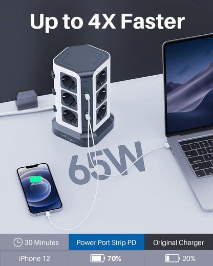 KOOSLA 12-fach Steckdosenturm 65W USB C PD Überspannungsschutz Grau