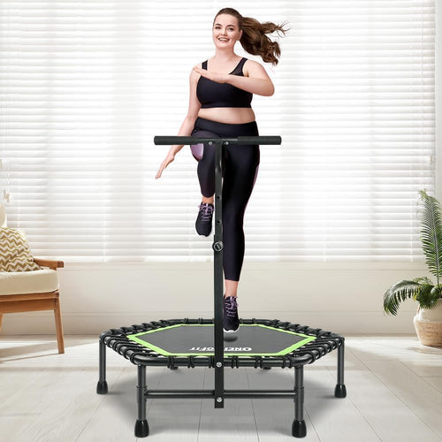 ONETWOFIT 114cm Fitness Trampolin Bungee - Sechskant Grün mit Griff. Gelenkschonendes Herz-Kreislauf-Training.