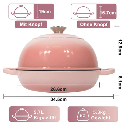 AHJ Dutch Oven Gusseisen Schmortopf 5,7 L mit Gärkorb, Rosa