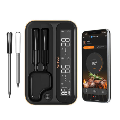 Inkbird INT-12-BW Grillthermometer kabellos mit zwei Sonden und LCD-Basis, IP67 wasserdicht