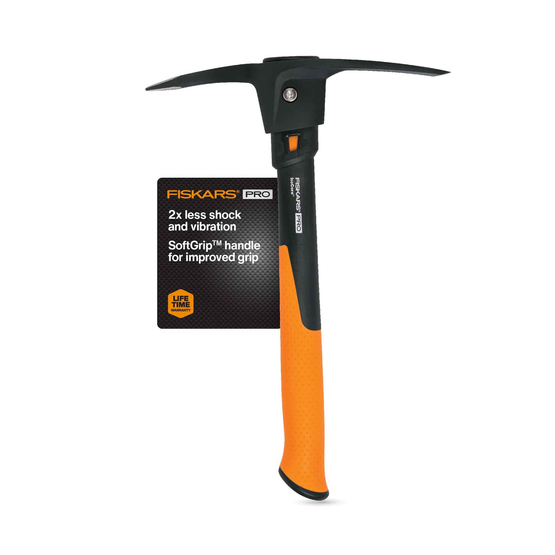 Fiskars Pro IsoCore Spitzhacke 751220-1001, 0,7 kg, Orange/Schwarz – genieteter Stahlkopf mit Spitze und Hacke