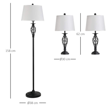 HOMCOM 3er Lampen Set Vintage – 2 Tisch-, 1 Stehlampe Schwarz Weiss