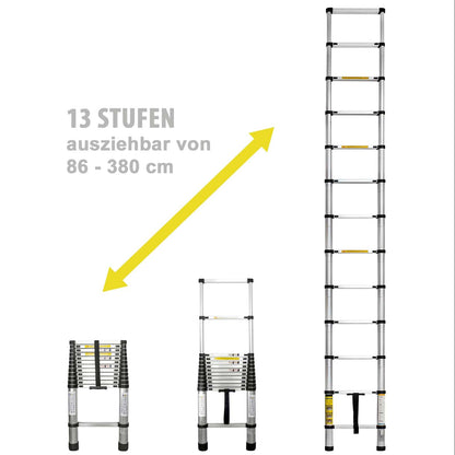 Eaxus Teleskopleiter 3.8m Mehrzweckleiter Alu 13 Stufen Silber
