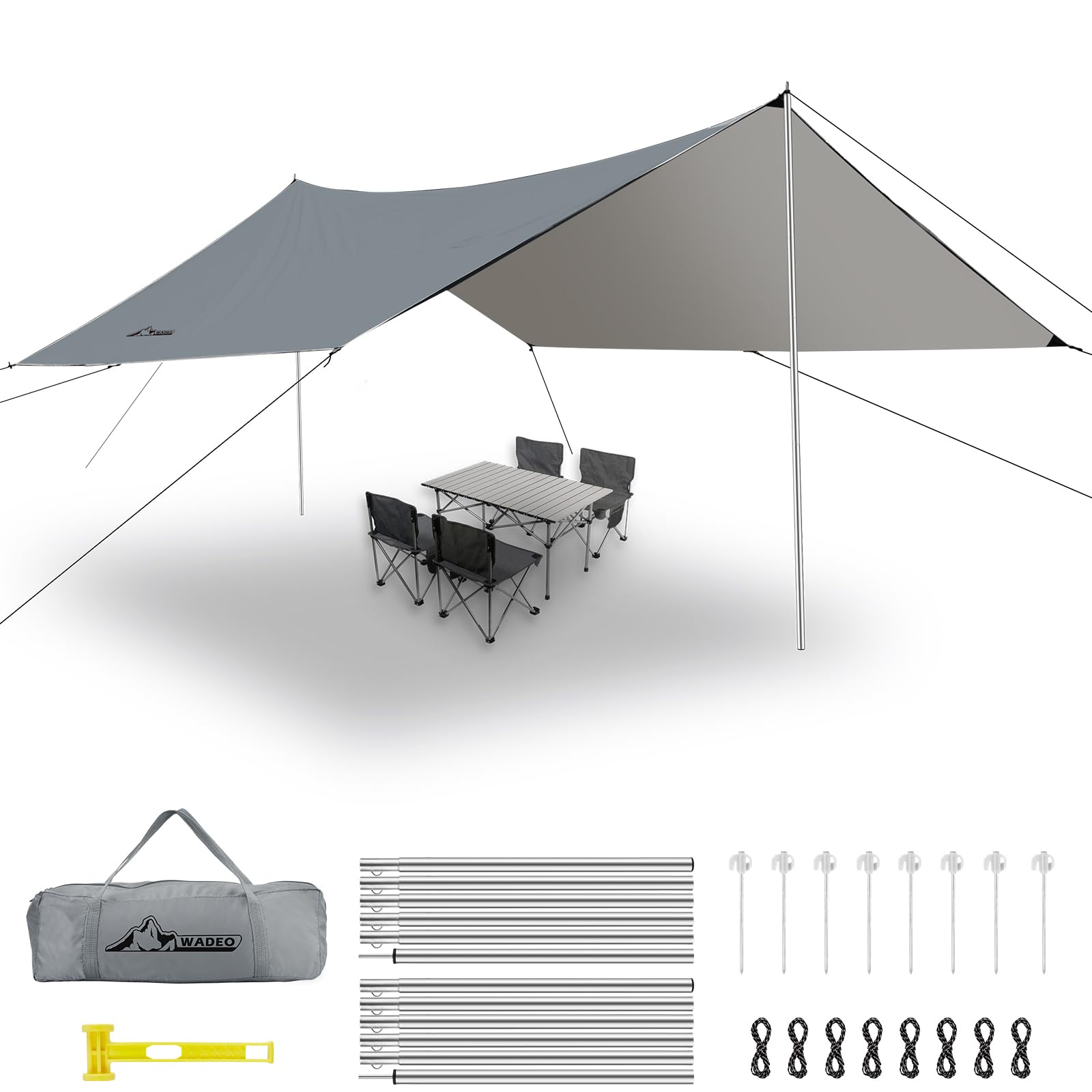 WADEO Camping Tarp Zeltplane wasserdicht 3,6 x 4,8 m mit Stangen, Grau als Sonnen- und Regenschutz