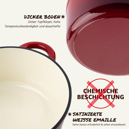 Overmont Schmortopf Gusseisen 26 cm Emaille Bräter mit Deckel rot