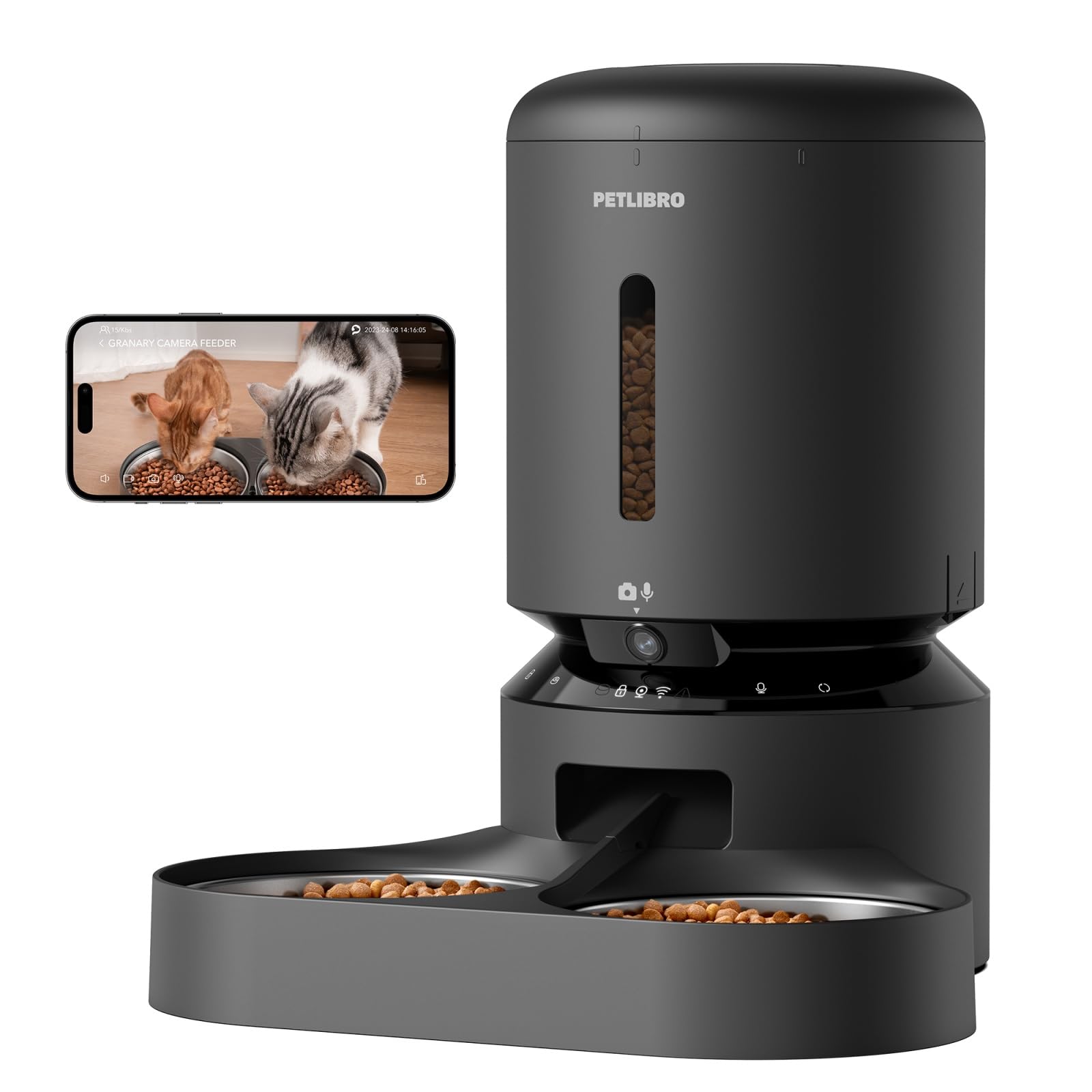 PETLIBRO 5L Katzen Futterautomat mit Kamera & 2 Näpfen. Weiß, mit Kamera und zwei Näpfen für automatische Fütterung.