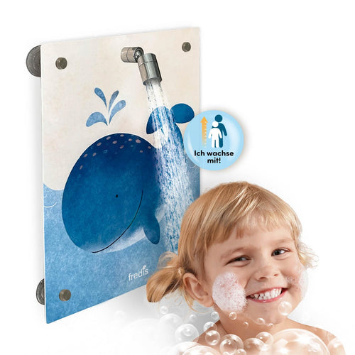 fredis Kinder-Dusche Wal Motiv – Kindgerechte Spieldusche. Blaue Walform-Dusche. Sprüht Wasser zum Spielen und Waschen beim Baden.