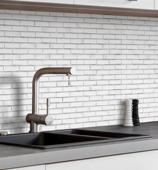 MyMaxxi Klinker weiss Küchenrückwand Folie - matt 340x60cm versteift, weiße, matte Klinkerfolie für Küchenrückwände.