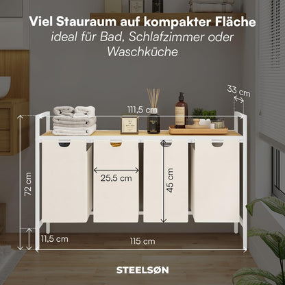 STEELSØN Rigil Wäschesammler 4 Fächer Weiss mit Bambusablage