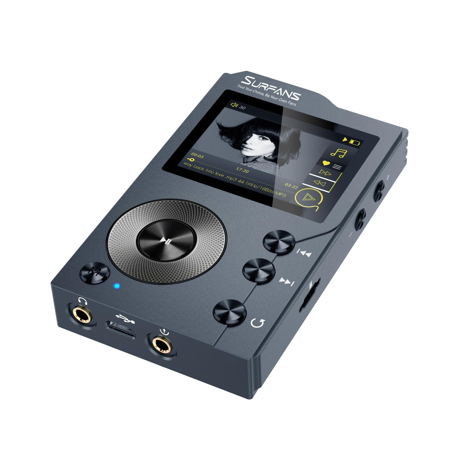 Surfans F20 High-Res MP3 Player – Bluetooth & 32GB Speicher. Kompaktes Gerät zur hochauflösenden Musikwiedergabe.