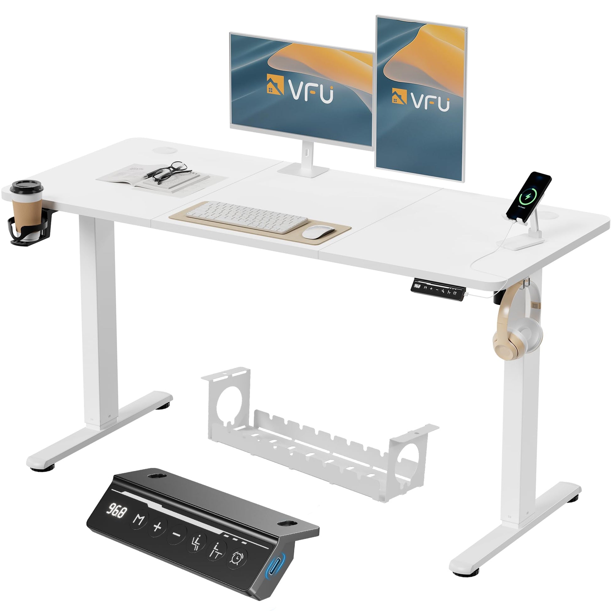 VFU Elektrischer Steh-Sitz Schreibtisch 140x60 USB-C Weiss Pro. Ermöglicht ergonomisches Arbeiten sitzend und stehend.