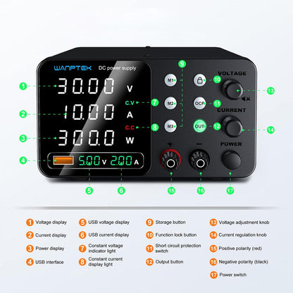 WANPTEK POWER Labornetzteil 30V 10A Labornetzgerät mit 3-Speicher und Sperrschlüssel, Netzgerät Regelbar mit OCP-Schutz/Ausgänge/USB-Schnellladung / 4-stellige LED-Anzeige