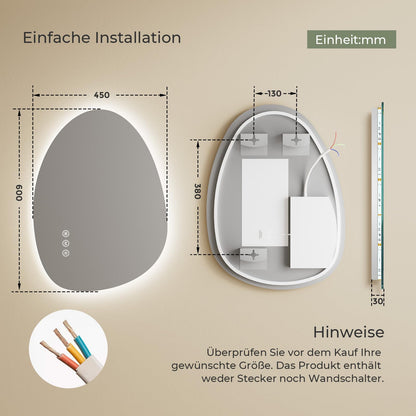 S'AFIELINA Asymmetrischer LED Badspiegel 60x45cm - Dimmbar, Beschlagfrei