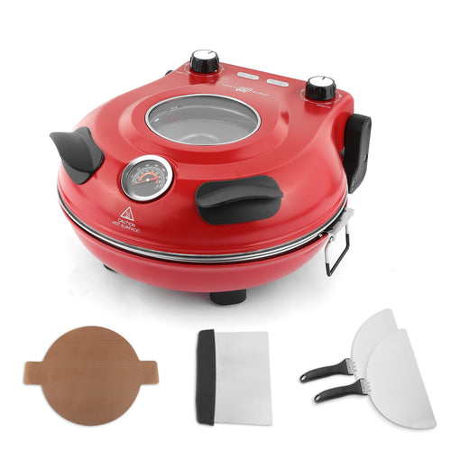 KLAIF Elektrischer Pizzaofen 420 °C mit Pizzastein, 1200 W, Rot – kompaktes Design mit Sichtfenster