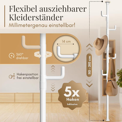 LOBUX Garderobenständer Teleskop, 5 Haken, weiss, 110-310 cm