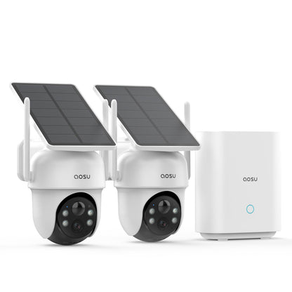 aosu 2K Überwachungskamera Aussen Akku Solar 2-Cam-Set mit aosuBase, PTZ-Kamera mit Solarpanel und Basisstation