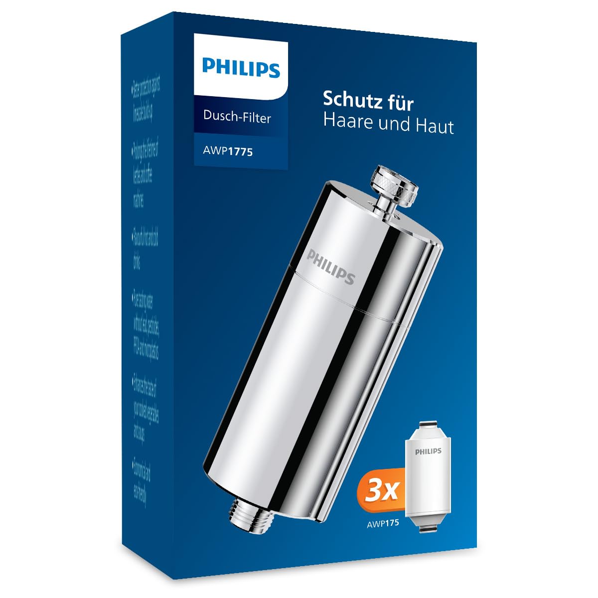 Philips Water Inline-Duschfilter Chrom mit 3 Ersatzkartuschen. Zylindrischer Chromfilter für die Duschleitung. Reduziert Kalk & Chlor im Duschwasser.
