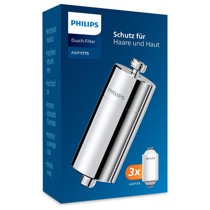Philips Water Inline-Duschfilter Chrom mit 3 Ersatzkartuschen. Zylindrischer Chromfilter für die Duschleitung. Reduziert Kalk & Chlor im Duschwasser.