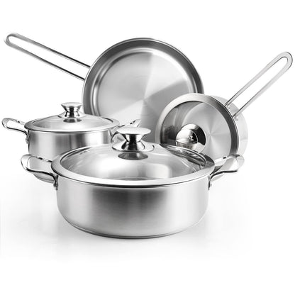 Wodillo Edelstahl Kochtopfset 7-teilig mit Glasdeckeln - Silber. Silberne, runde Edelstahltöpfe zum Kochen, Dünsten und Braten von Speisen.