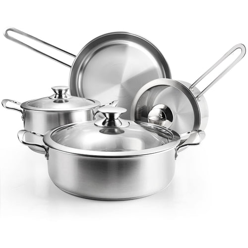 Wodillo Edelstahl Kochtopfset 7-teilig mit Glasdeckeln - Silber. Silberne, runde Edelstahltöpfe zum Kochen, Dünsten und Braten von Speisen.