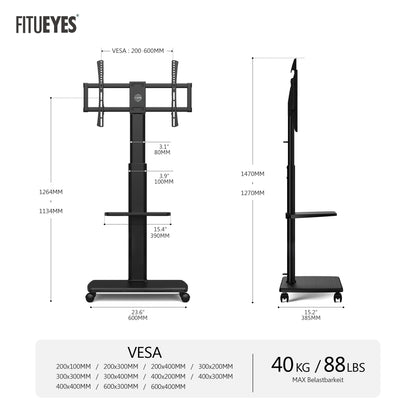 FITUEYES TV Bodenständer Rollbar mit Holzablage für 32-70 Zoll