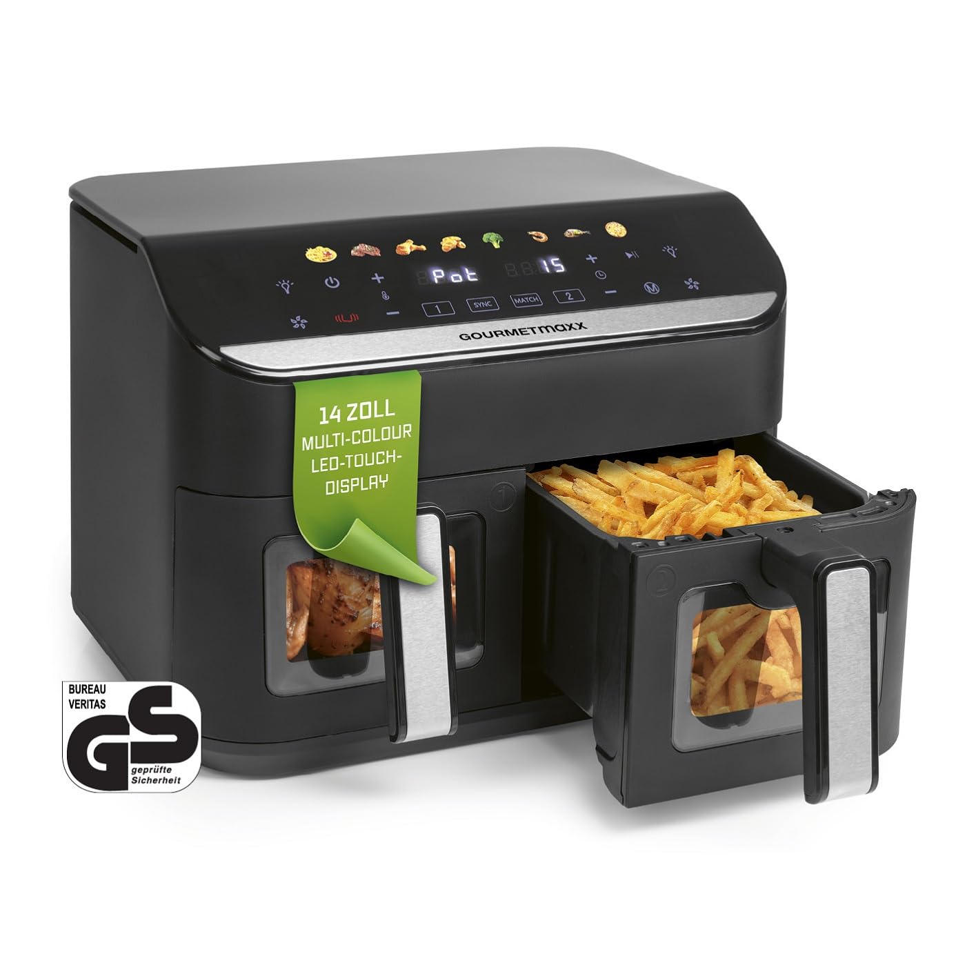 GOURMETmaxx AirGenius Heissluftfritteuse - 9L 2 Kammern für 8 Personen. Schwarzes Gehäuse. Bereitet 8-Pers.-Mahlzeiten fettarm parallel.