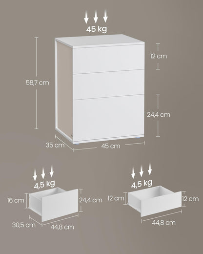 VASAGLE Nachttisch LET778W01 3 Schubladen – mattweiss-cappuccinobeige