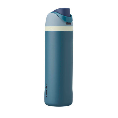 Owala FreeSip Trinkflasche Edelstahl 710 ml mit Strohhalm, Denim – auslaufsicherer Druckknopfdeckel mit Trageschlaufe