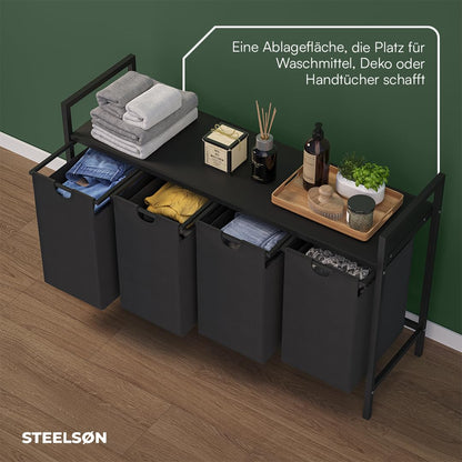 Steelsøn Rigil Wäschesammler 4 Fächer – Metall, Schwarz mit Ablage