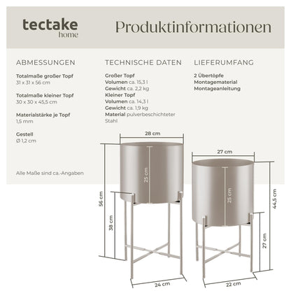 tectake Pflanzenständer 2er Set aus Metall mit Übertöpfen in taupe