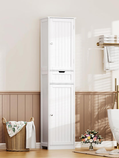 TEENFON Badezimmerschrank schmal mit 2 Türen und Schublade, weiss