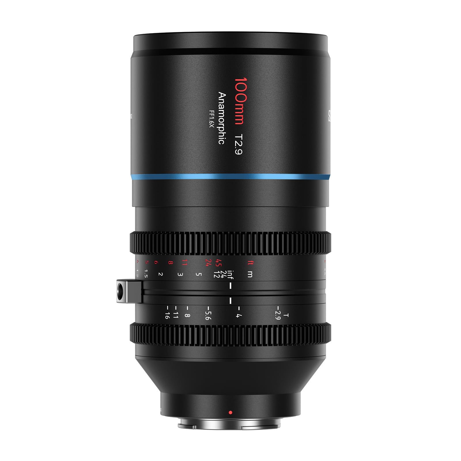 SIRUI 100mm T2.9 1.6X Full-Frame Anamorphic Objektiv - E-Mount. Schwarzes, zylindrisches Objektiv mit Glaslinsen. Erzeugt ein cineastisches 2.4:1 Breitbildformat für Full-Frame-Kameras mit E-Mount.