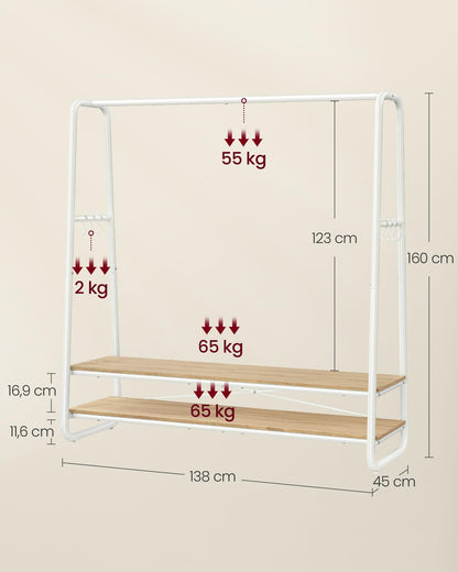 VASAGLE Kleiderständer mit 2 Ablagen und 6 Haken, naturbeige-mattweiss