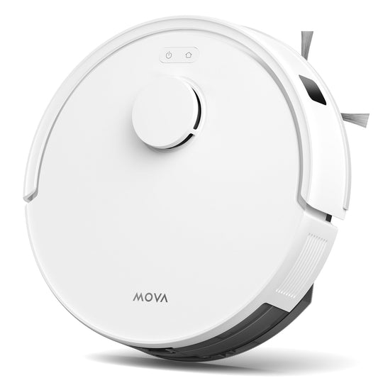 Mova E20 Saugroboter & Wischroboter – LDS Navigation. Runder, schwarzer Roboter reinigt Böden automatisch per LDS Navigation.
