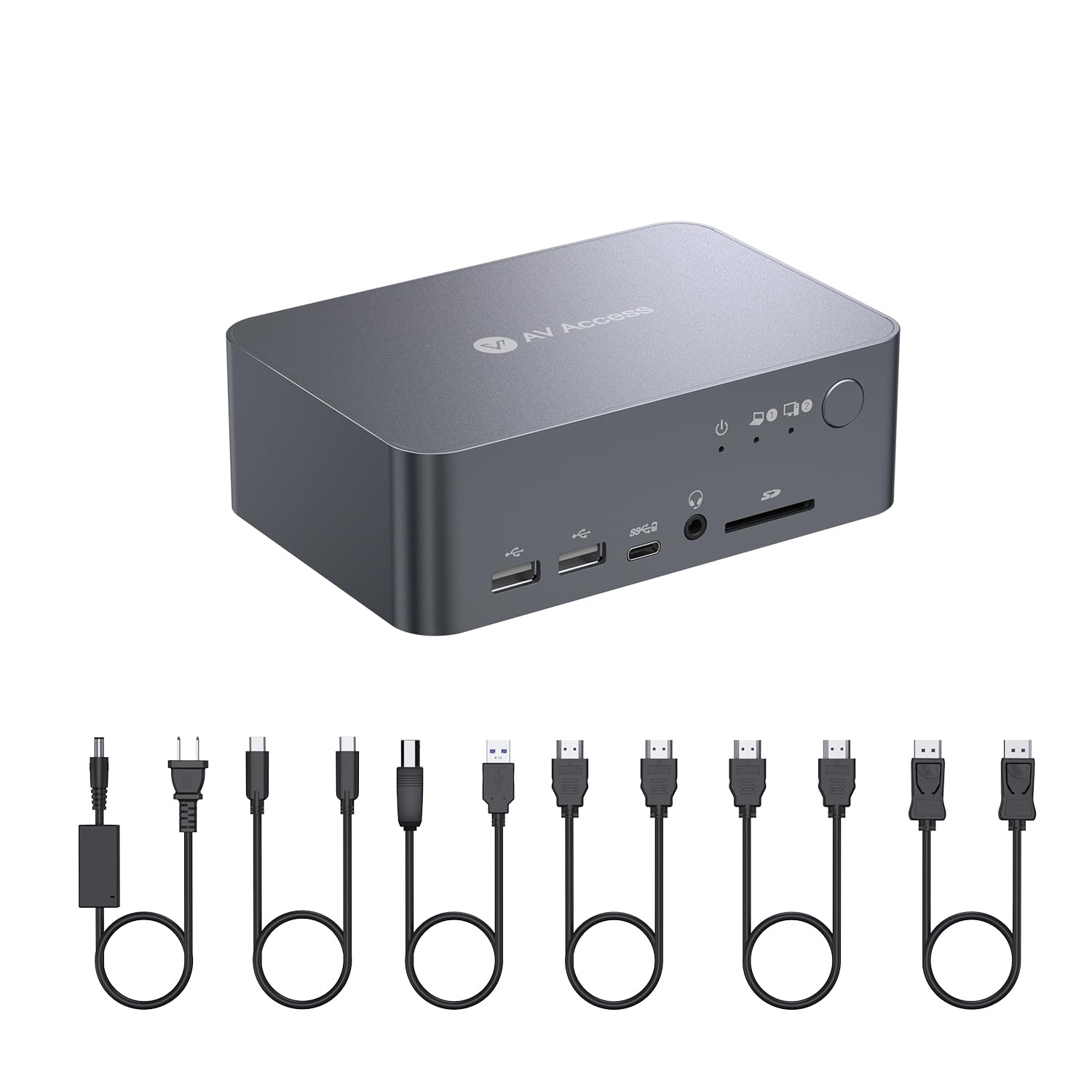 AV Access KVM Docking Station Dual Monitor - 2 PCs, USB-C. Rechteckig, schwarz. Schaltet 2 PCs/Monitore.