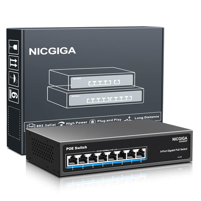 NICGIGA 8-Port Gigabit PoE+ Switch, 120 W, unmanaged, lüfterlos, Metallgehäuse