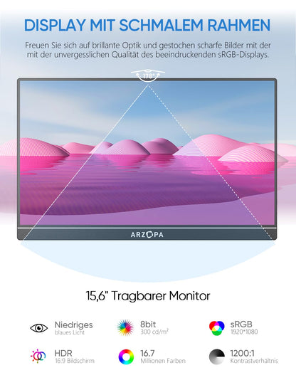 ARZOPA A1 Tragbarer Monitor - 15.6" FHD IPS USB C HDMI