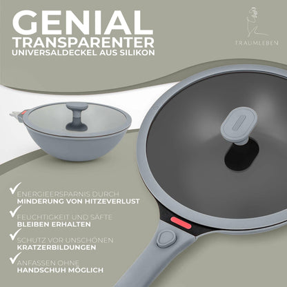 TRAUMLEBEN Wokpfanne Antihaft mit Deckel 28 cm Induktion Grau