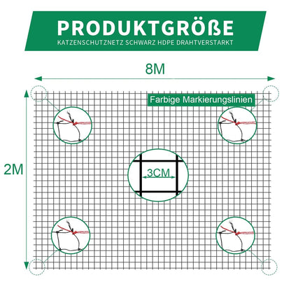 Tatamiyya Katzennetz für Balkon, drahtverstärkt, 8x2 m, schwarz