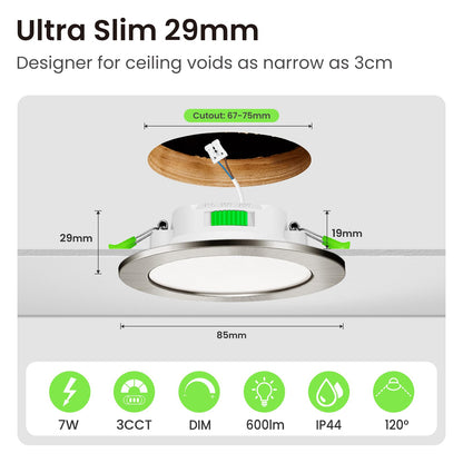 ALUSSO LED Einbaustrahler 230V dimmbar 7W IP44, 6er Set Nickel rund