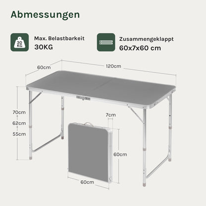 WOLTU Campingtisch Klapptisch 120 x 60 cm, höhenverstellbar, Grau