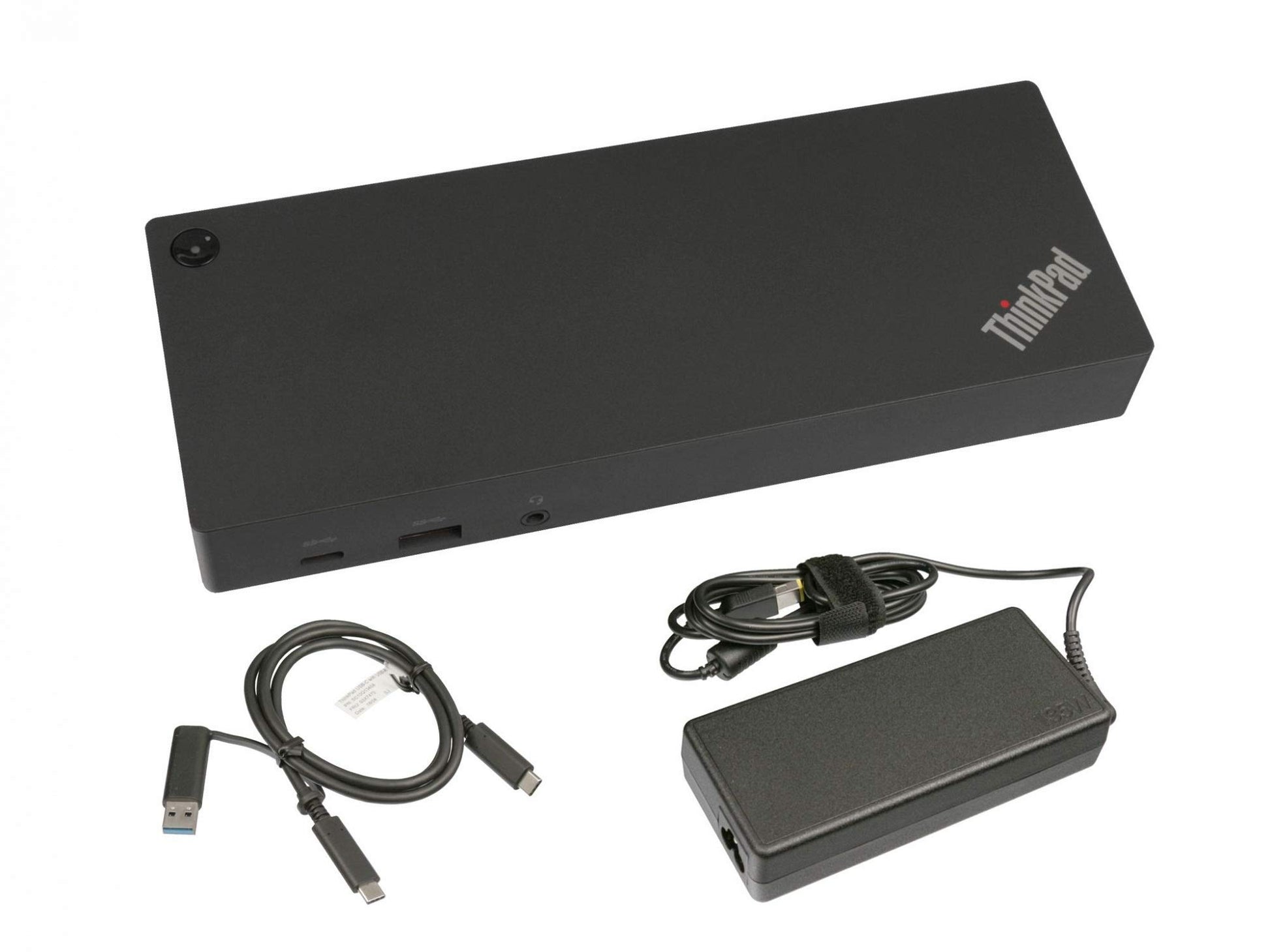 Lenovo 40AF0135EU USB-C Port Replikator mit 135W Netzteil, schwarz, rechteckig. Erweitert Laptop-Konnektivität und lädt angeschlossene Geräte.