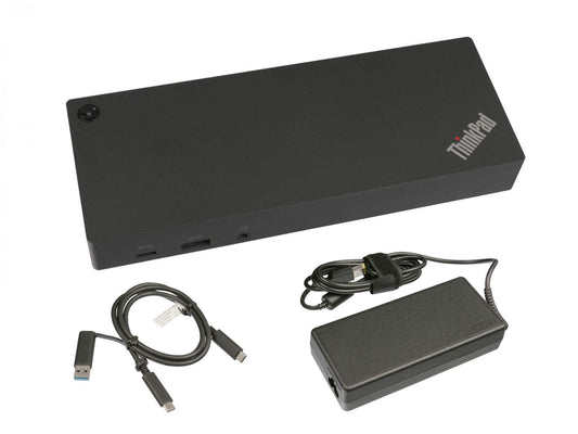 Lenovo 40AF0135EU USB-C Port Replikator mit 135W Netzteil, schwarz, rechteckig. Erweitert Laptop-Konnektivität und lädt angeschlossene Geräte.