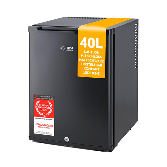TZS First Austria Mini Kühlschrank 40L. Mattschwarzer Kompaktkühlschrank. Kühlt Getränke und Snacks lautlos und abschliessbar für Hotel/Büro.